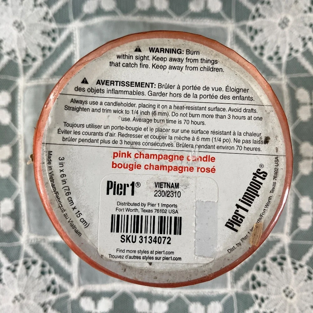 Pier 1 Imports Pink Champagne Scented Candle Pillar 6 inches x 3 inches NEW